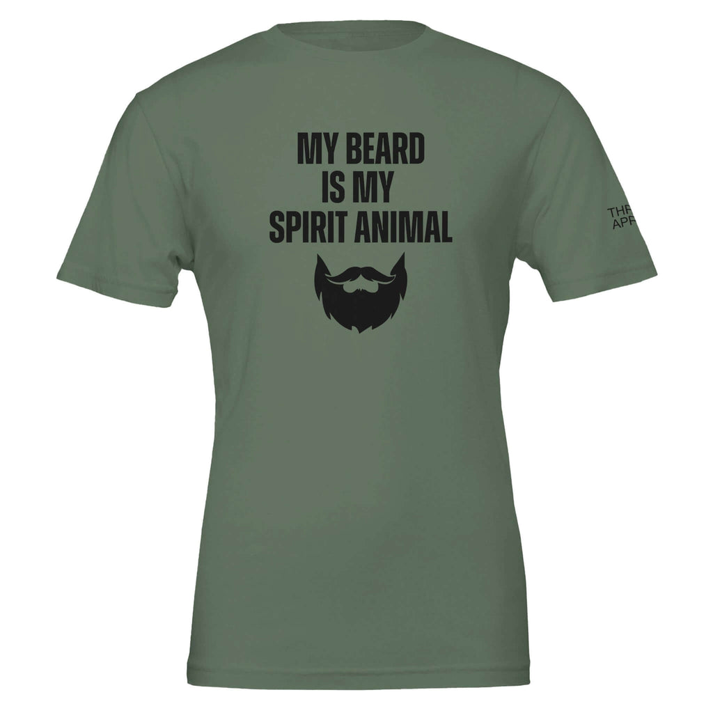 Olive green men's tee with "My Beard Is My Spirit Animal" text and beard graphic, made from 100% Airlume cotton, unisex tailored fit.