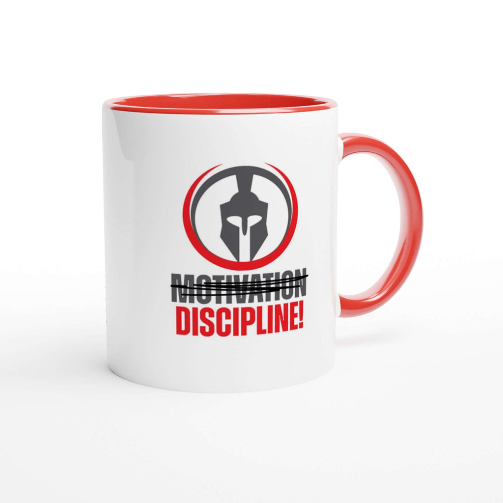 "Motivation Discipline" ceramic mug with red rim, inside, and handle - 11 oz, dishwasher and microwave safe.