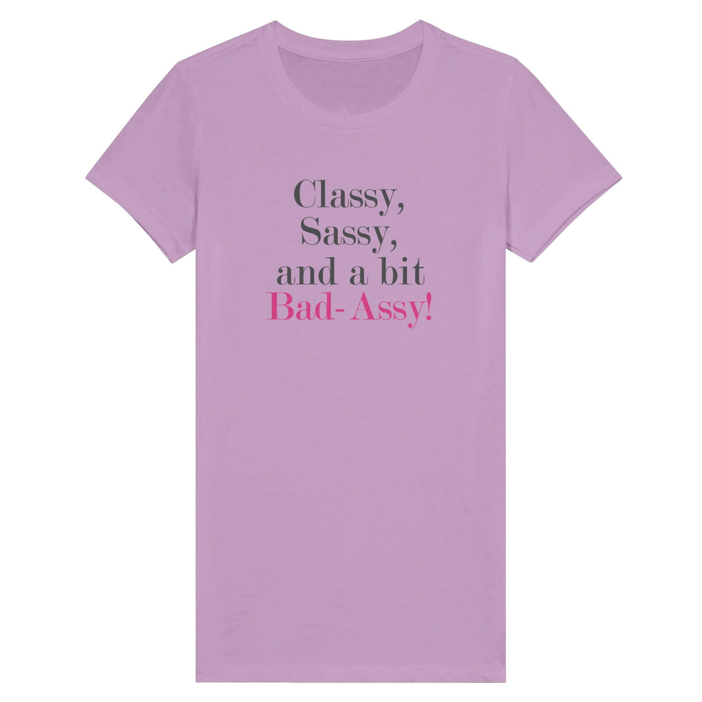 Purple women's tee with "Classy, Sassy, and a Bit Bad-Assy" text, perfect for the modern woman who embraces elegance and boldness.