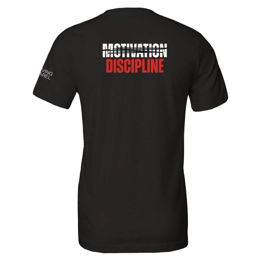 Motivation vs Discipline rear print tee, black t-shirt with motivational words, Back to Basics style, soft and durable garment for daily wear