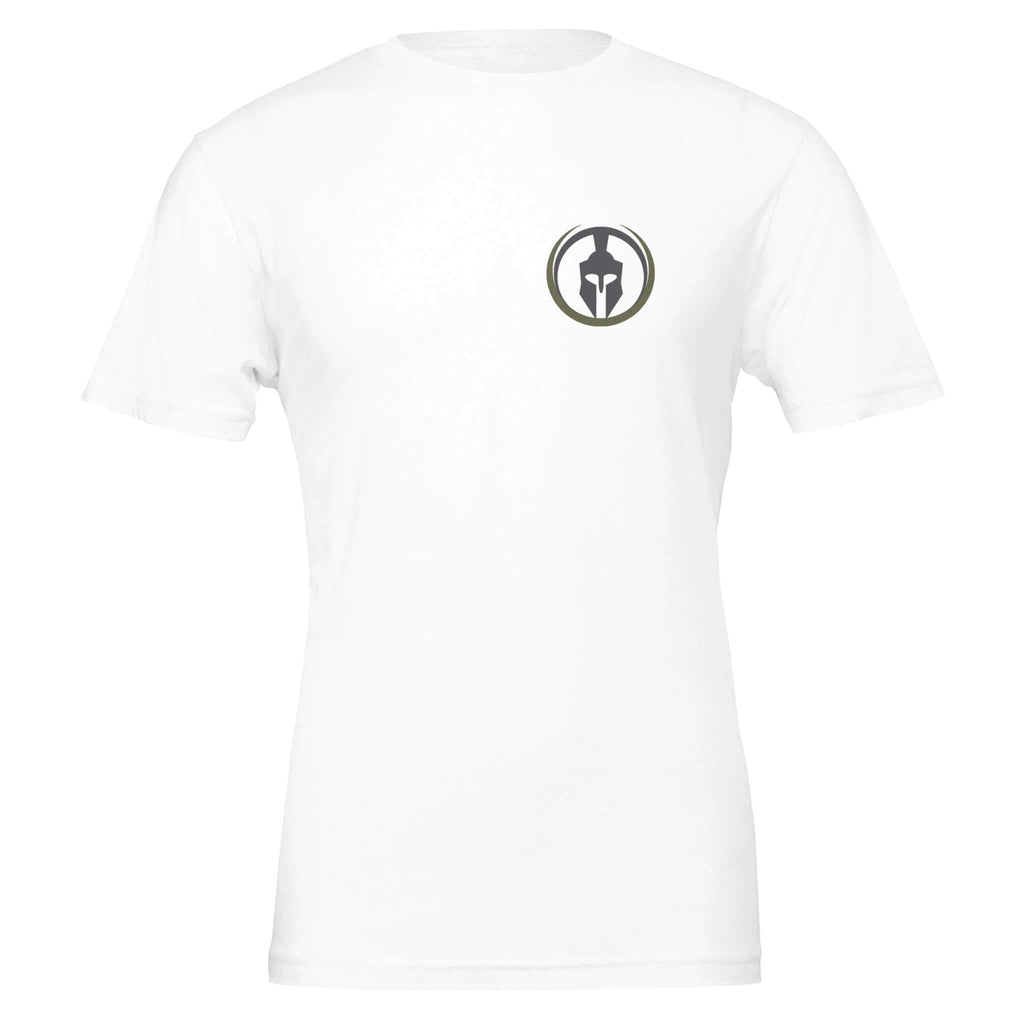 Veteran Series Battle Tested Undefeated white t-shirt with Spartan logo, 100% Airlume combed cotton, side-seamed, unisex fit.