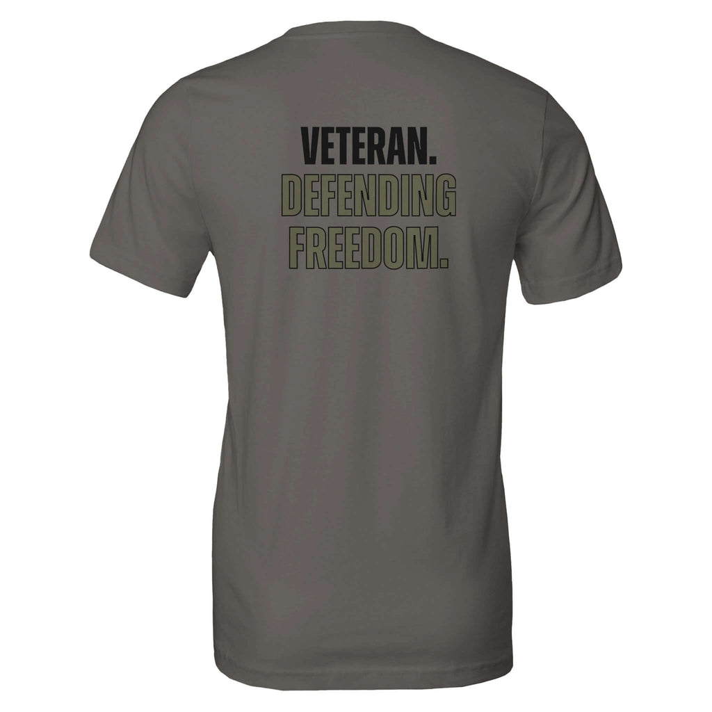 Veteran Series: Defending Freedom tee in khaki with bold text on back honoring service and courage, made from premium 100% Airlume cotton.