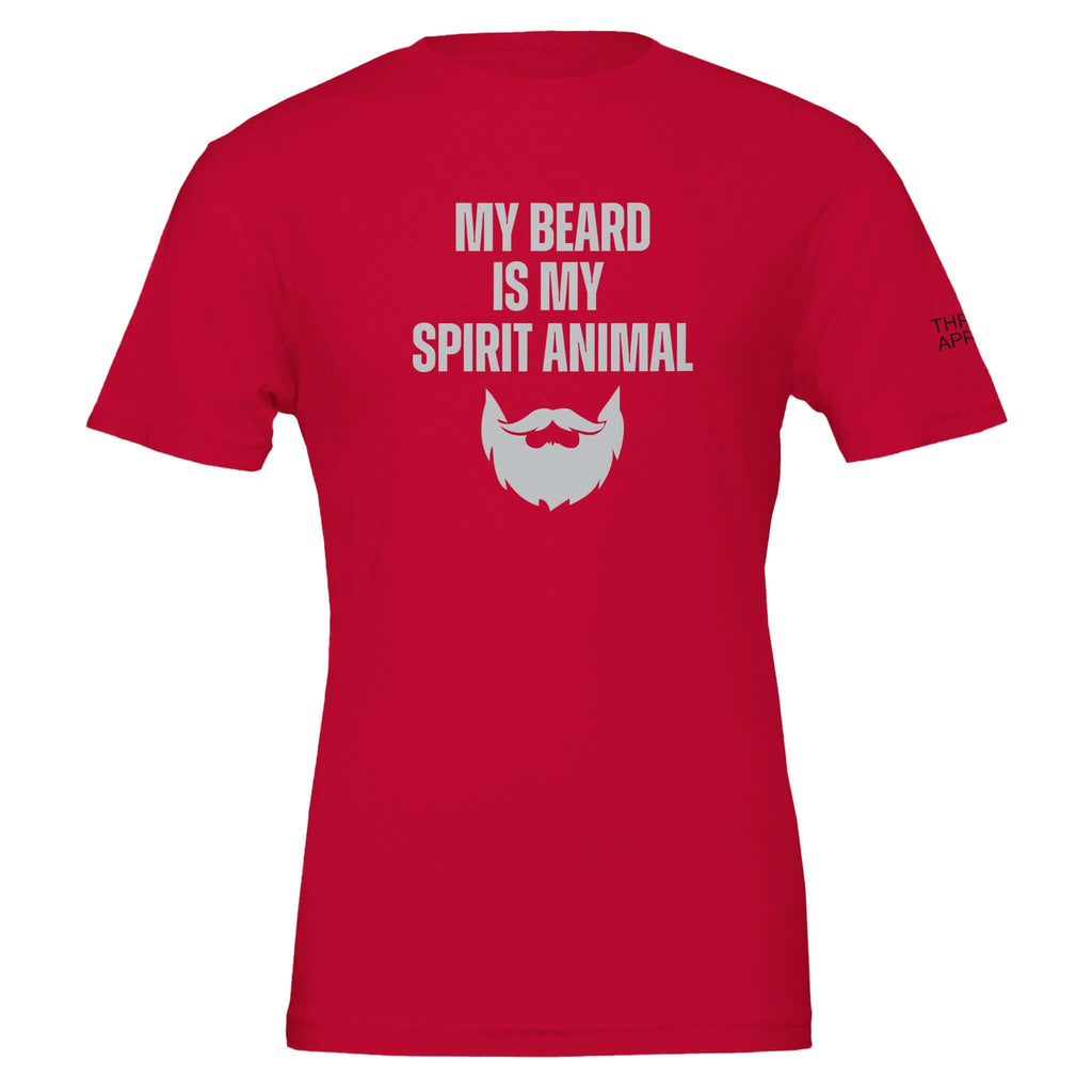 Red men's T-shirt with "My Beard Is My Spirit Animal" text and beard graphic in white.