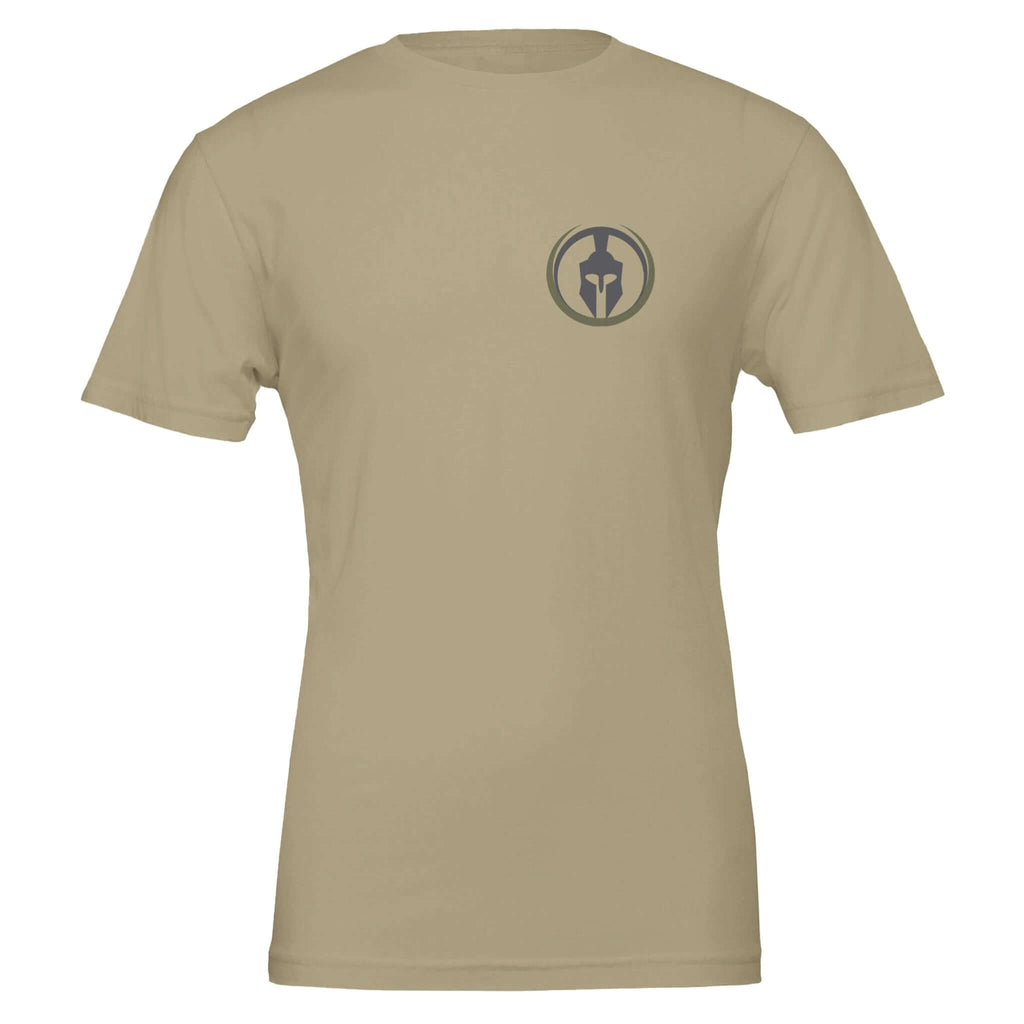 Beige "Veteran: Duty Honor Country" tee with Spartan helmet emblem, honoring the core values of service and sacrifice. Ideal for DTG printing.