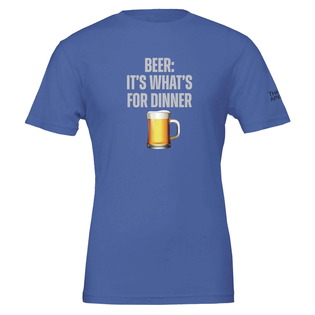 Blue men's tee with "Beer: It's What's for Dinner" text and beer mug graphic, made from 100% Airlume combed and ring-spun cotton.