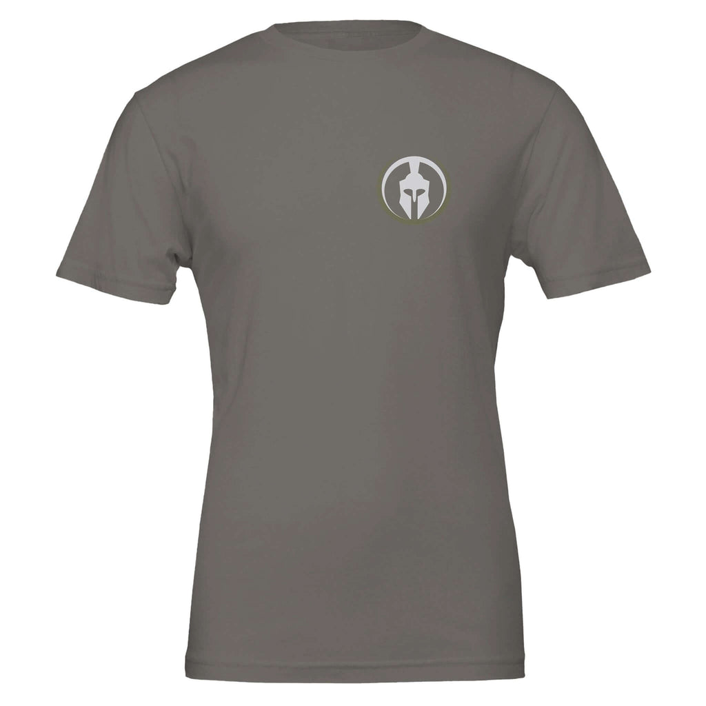 Military green t-shirt from Veteran Collection with Spartan helmet logo, promotes the message "Freedom Isn't Free".