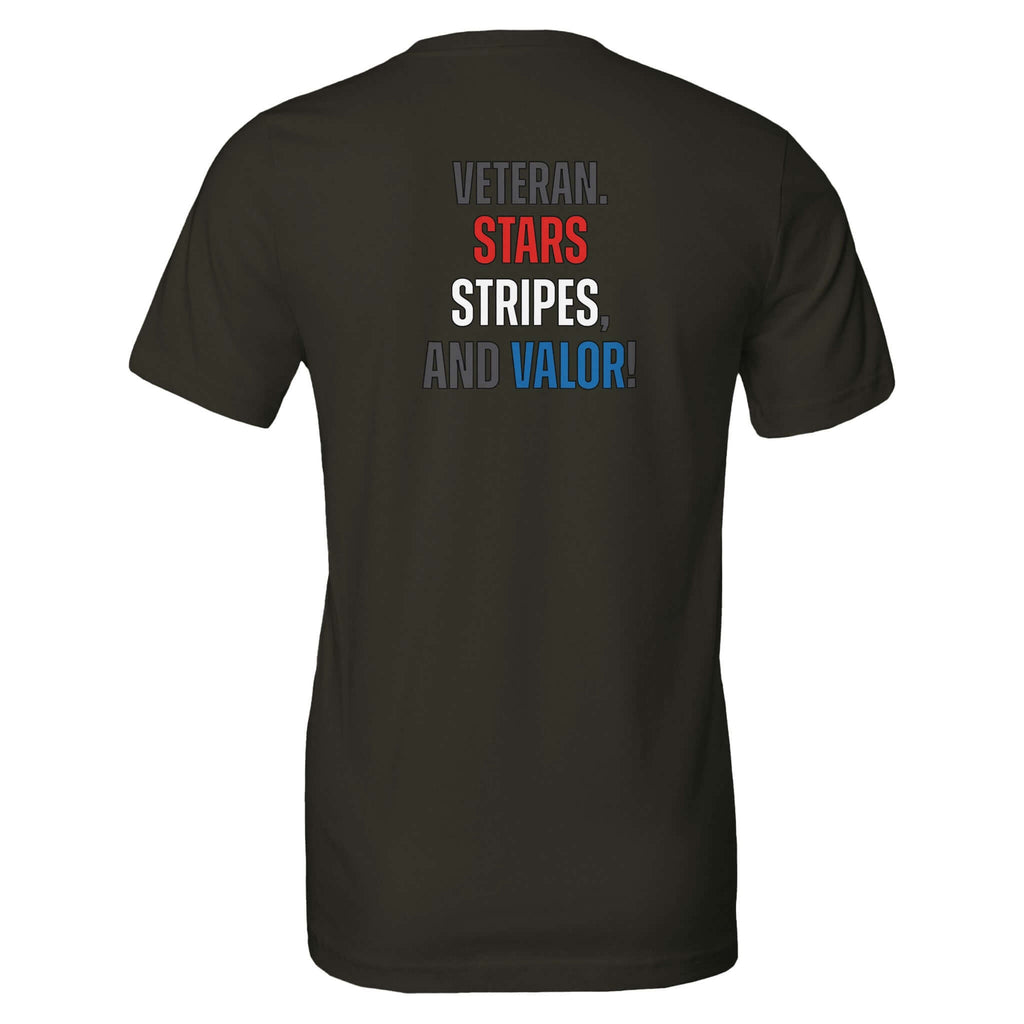 Black "Veteran: Stars, Stripes, and Valor" Tee featuring red, white, and blue text to honor bravery and patriotism