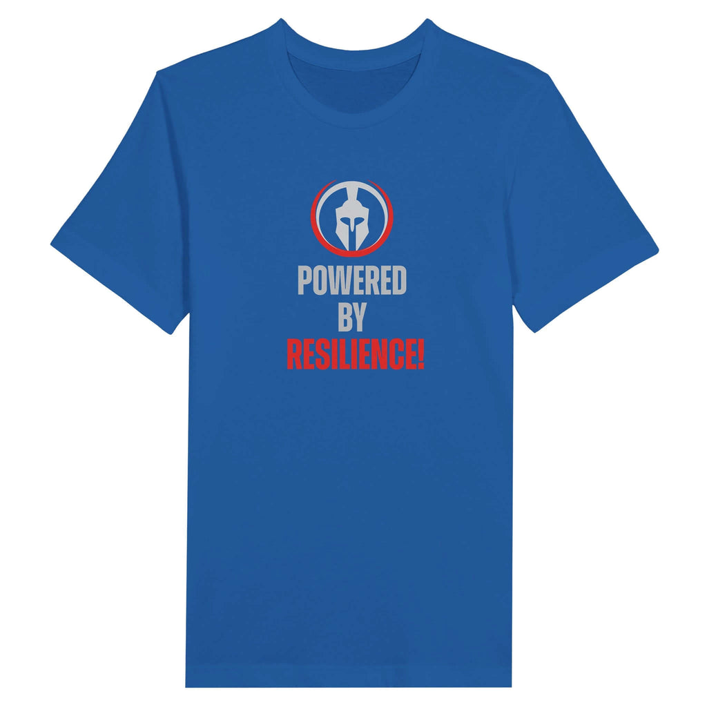 Blue unisex t-shirt with "Powered by Resilience" slogan and Spartan helmet graphic.