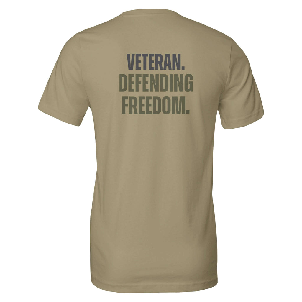 Veteran Series: Defending Freedom tee in khaki, back view, made from soft 100% Airlume cotton, unisex fit, showcasing bold text.