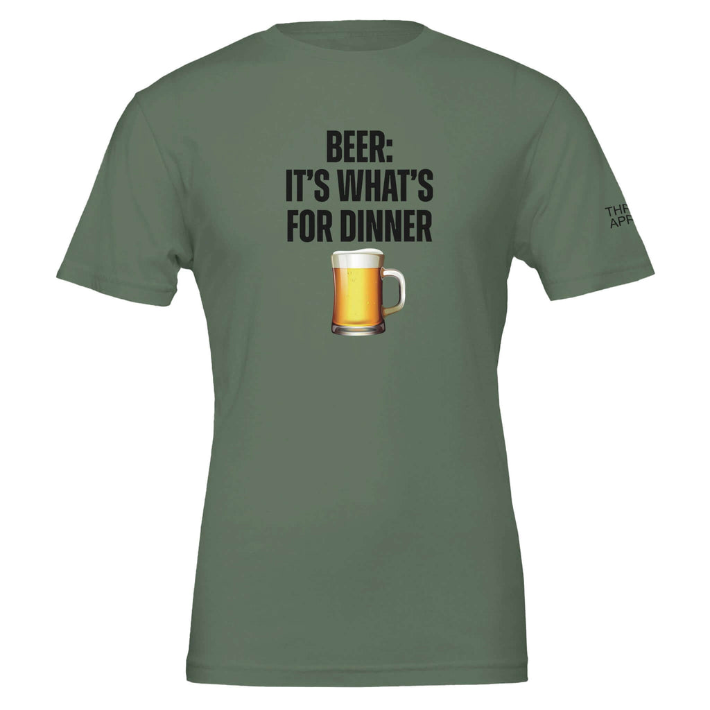 "Beer: It's What's for Dinner" men's tee shirt in green with beer mug graphic