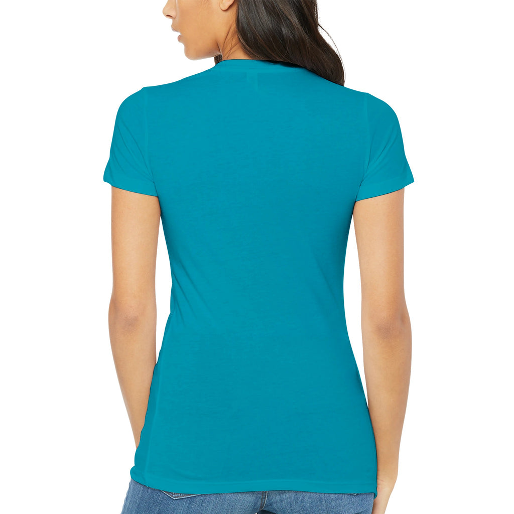 Woman wearing a teal "I'm outdoorsy - Premium Women's Tee", showing the back design with fitted sleeves and tapered shoulders.