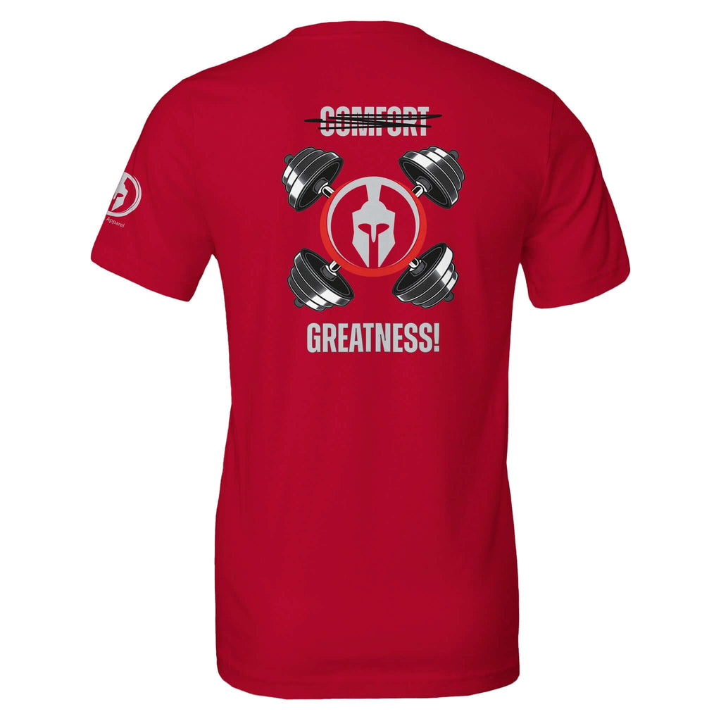 Back view of red Comfort - Greatness Tee featuring Spartan helmet and dumbbells design, ideal for gym wear and daily challenges.