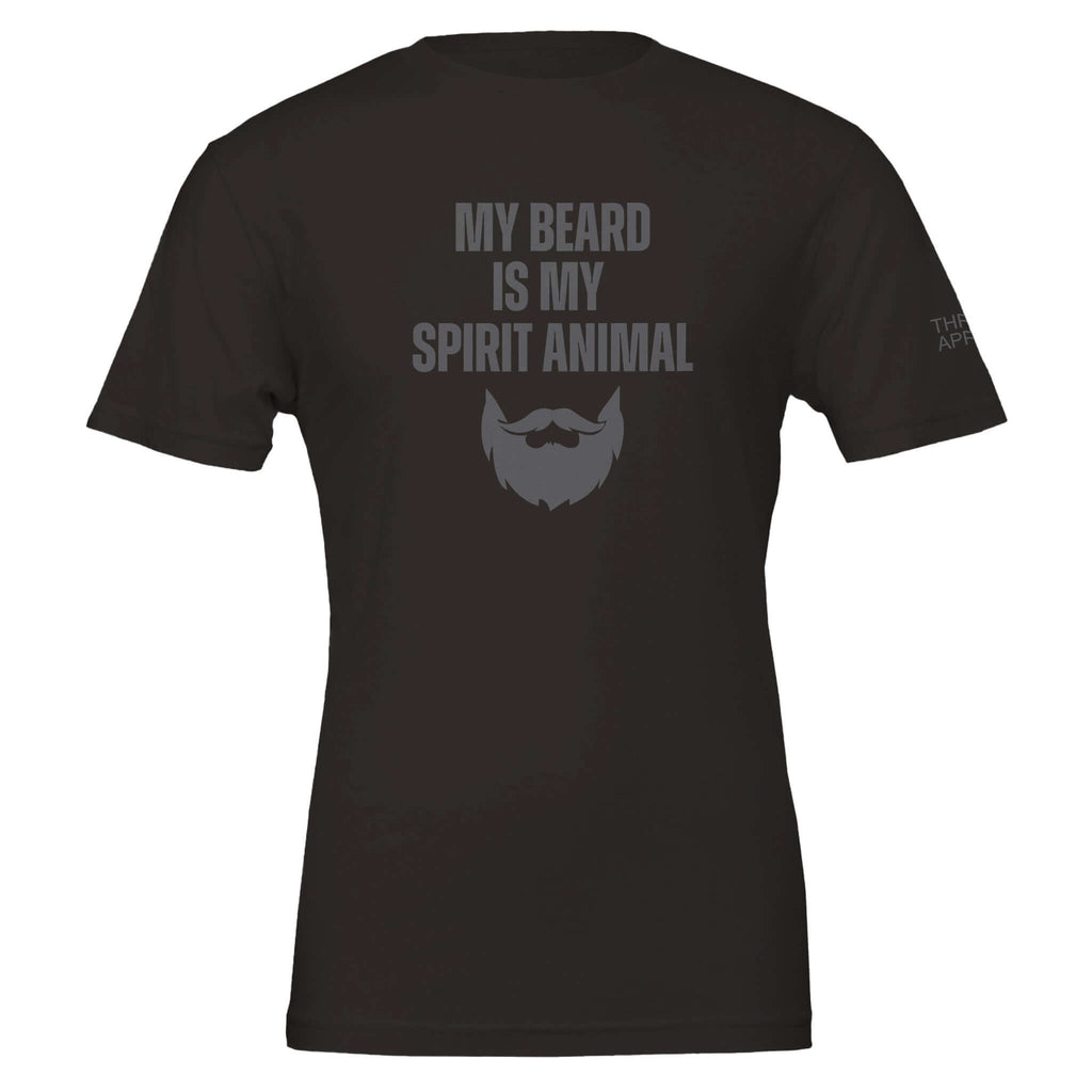 Black men's tee with "My Beard Is My Spirit Animal" text and beard graphic on the back, made from soft Airlume combed cotton.