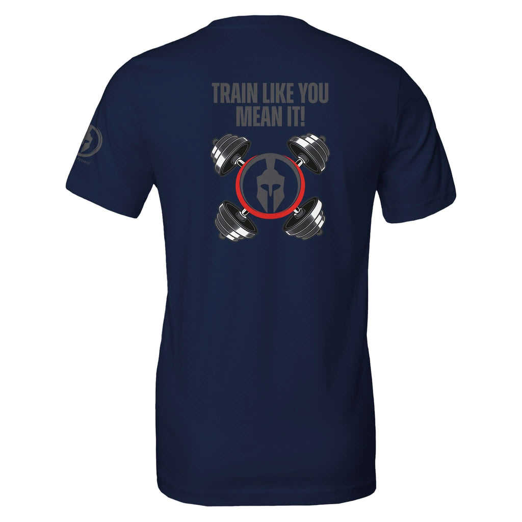 Perform Series "Train Like You Mean It" Workout Tee, unisex fit, navy blue, with a Spartan helmet and dumbbells design on the back.