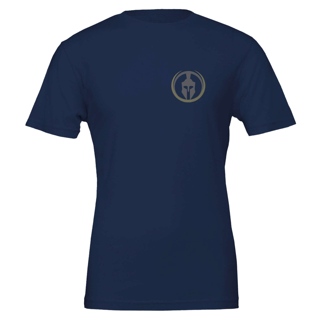 "Veteran Series tee in navy blue, featuring a small emblem on the chest, made from soft Airlume combed and ring-spun cotton."