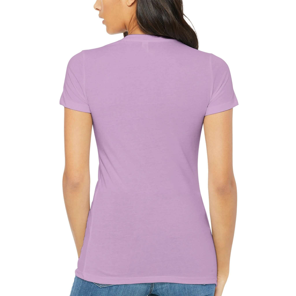 Woman wearing a lavender premium women's T-shirt, showcasing the back view and the fit.