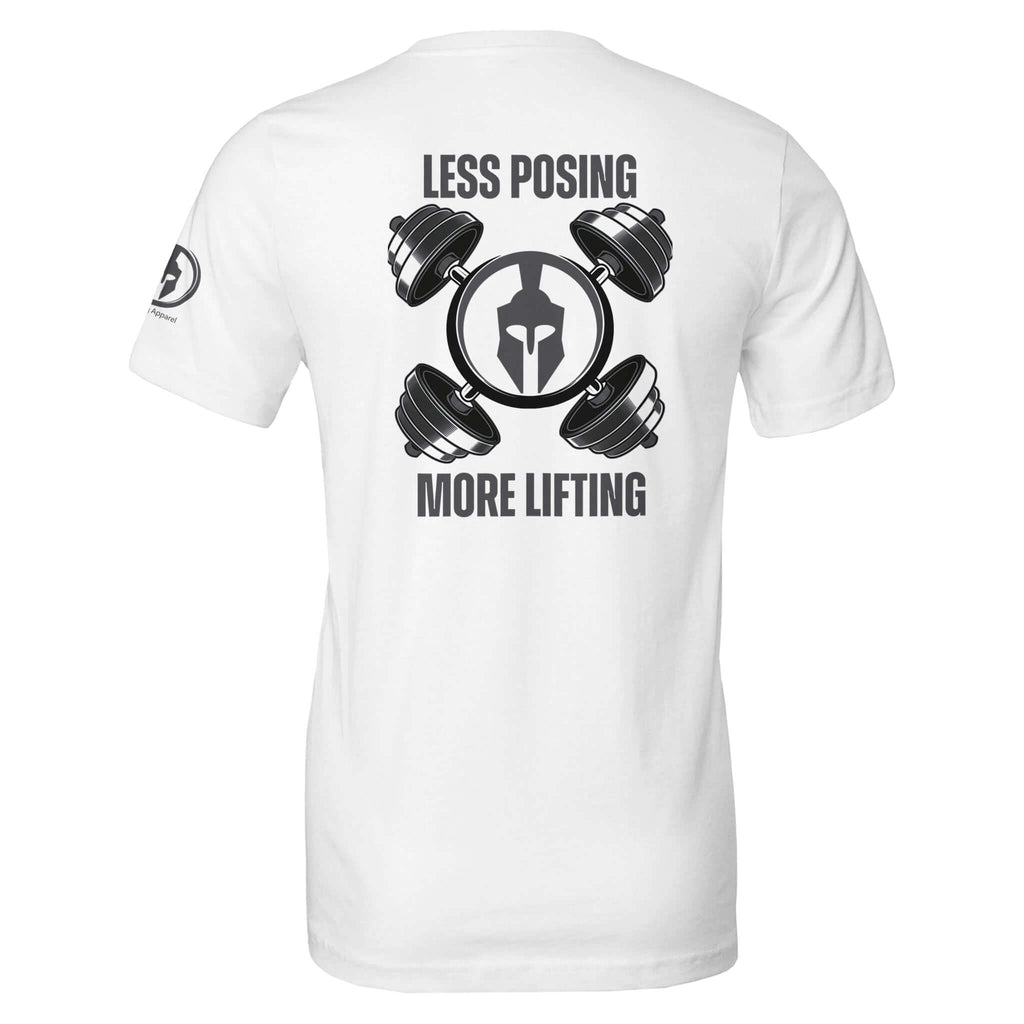 White t-shirt with "Less Posing More Lifting" text and dumbbell graphics on the back, inspiring workout motivation.