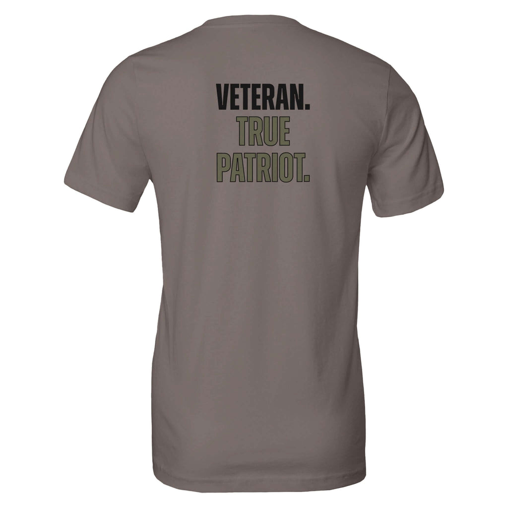 Back view of Veteran Series tee with 'Veteran. True Patriot.' text, 100% Airlume cotton, unisex fit, honoring dedication to nation