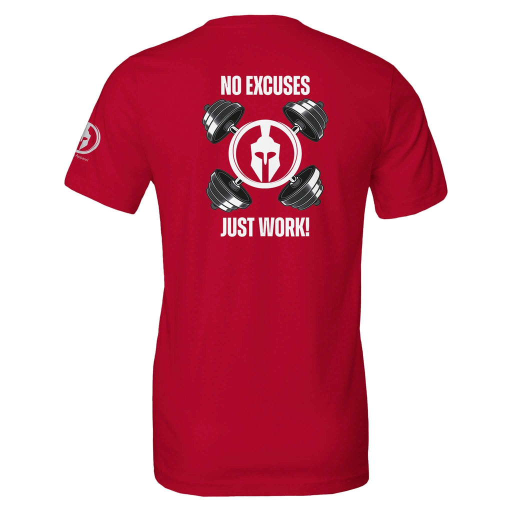 Red 'No Excuses, Just Work!' tee from Perform Series with Spartan graphic and dumbbells, perfect for tough workouts.