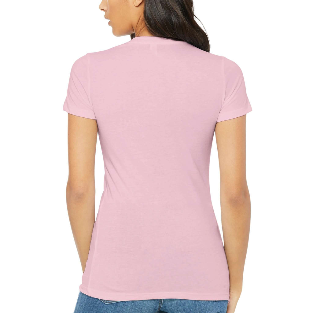 Woman wearing Emerging Stronger - Premium Women's Tee in pink, viewed from the back. Featuring a form-fitting design and short sleeves.