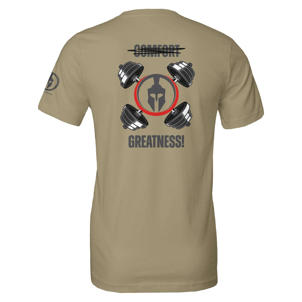 Perform Series Comfort - Greatness Tee with gym weights and Spartan helmet graphic on back. Ideal for workouts and daily challenges.