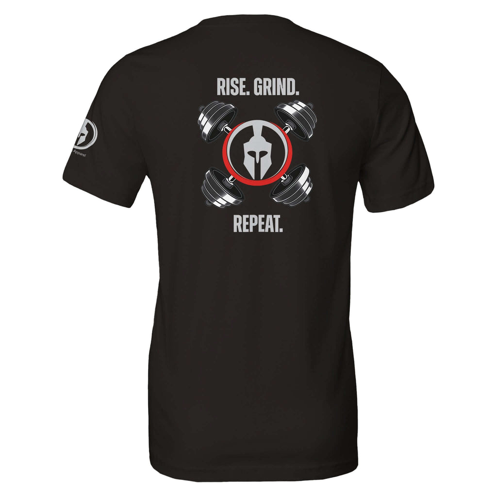 Black tee with "Rise. Grind. Repeat." and Spartan helmet graphic on back, ideal for gym workouts and daily challenges.