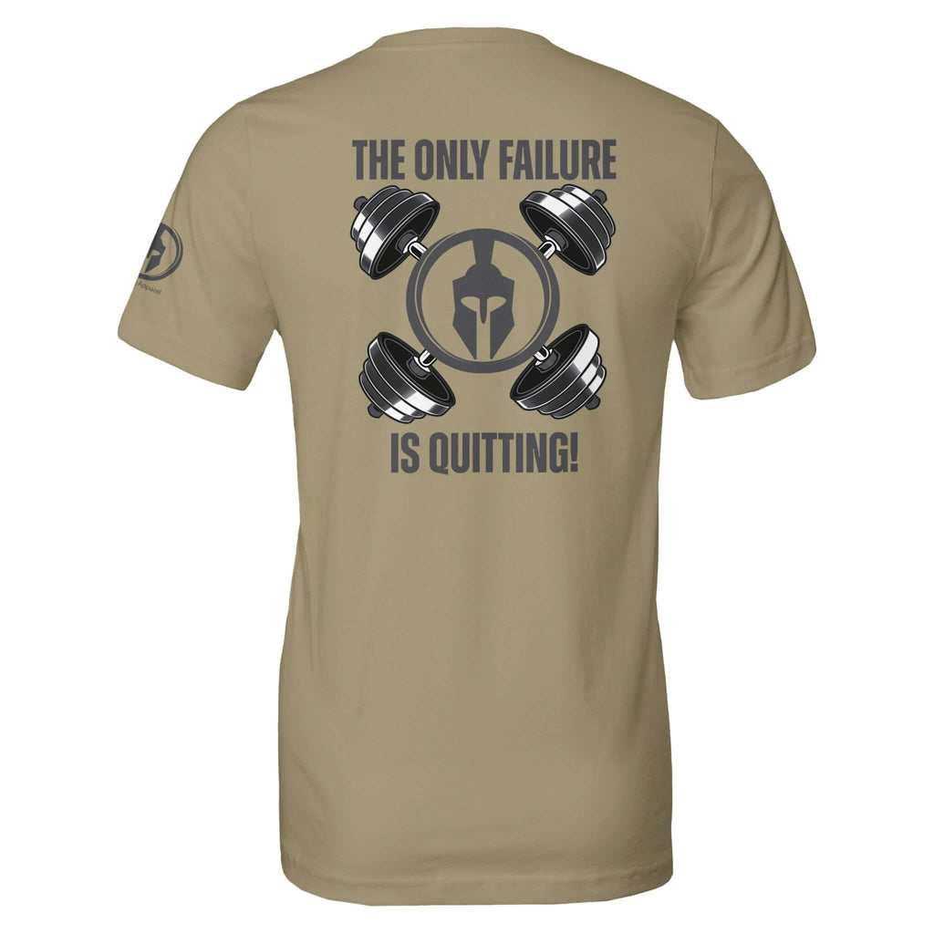 Beige gym T-shirt with "The Only Failure is Quitting" slogan and dumbbell graphics, emphasizing persistence and strength