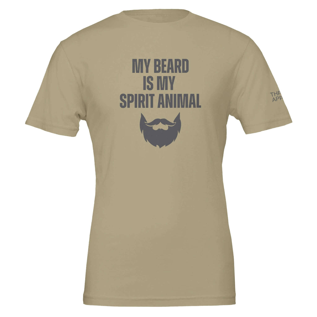 Tan "My Beard Is My Spirit Animal" men's tee showcasing beard graphic and humorous text, made from 100% Airlume combed cotton for premium comfort.