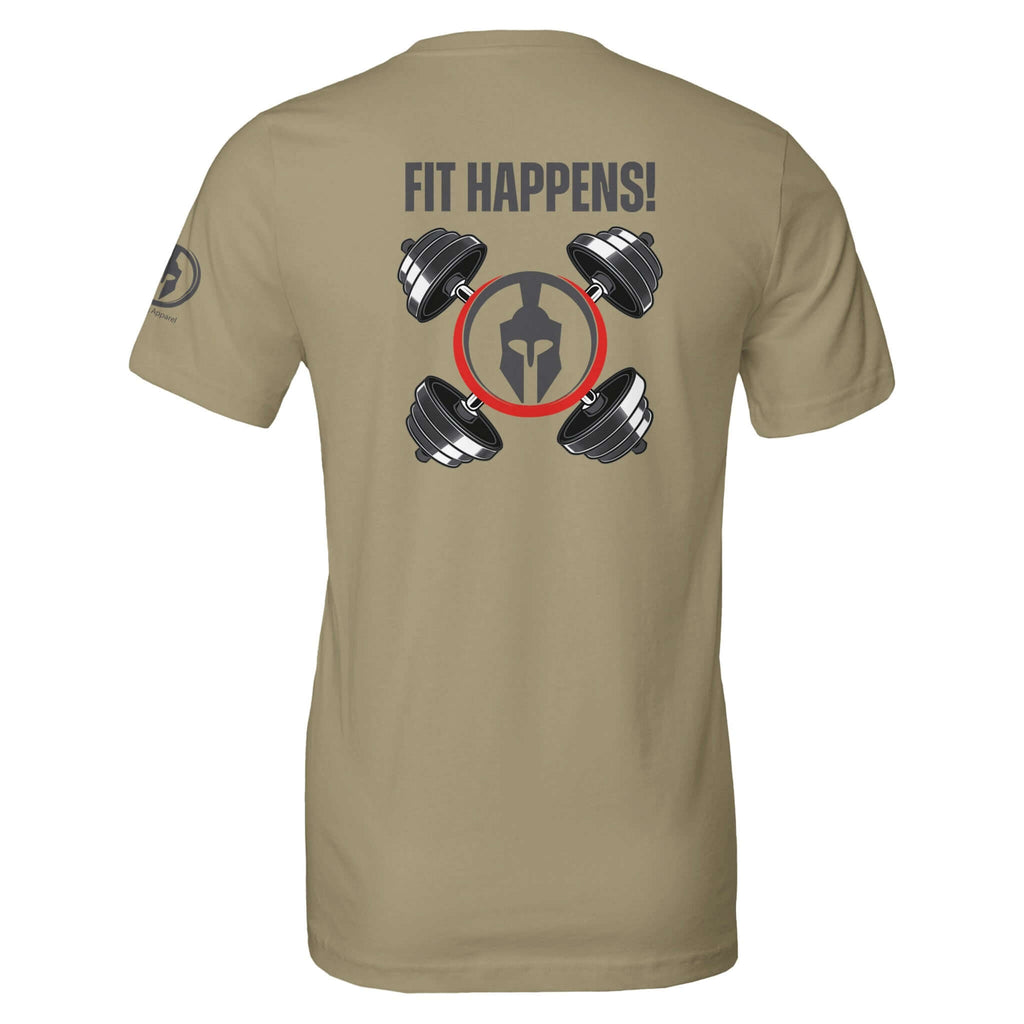 Perform Series "Fit Happens" Workout Tee in khaki showing back design with weights and Spartan helmet. Made from 100% Airlume combed cotton. Eco-friendly.