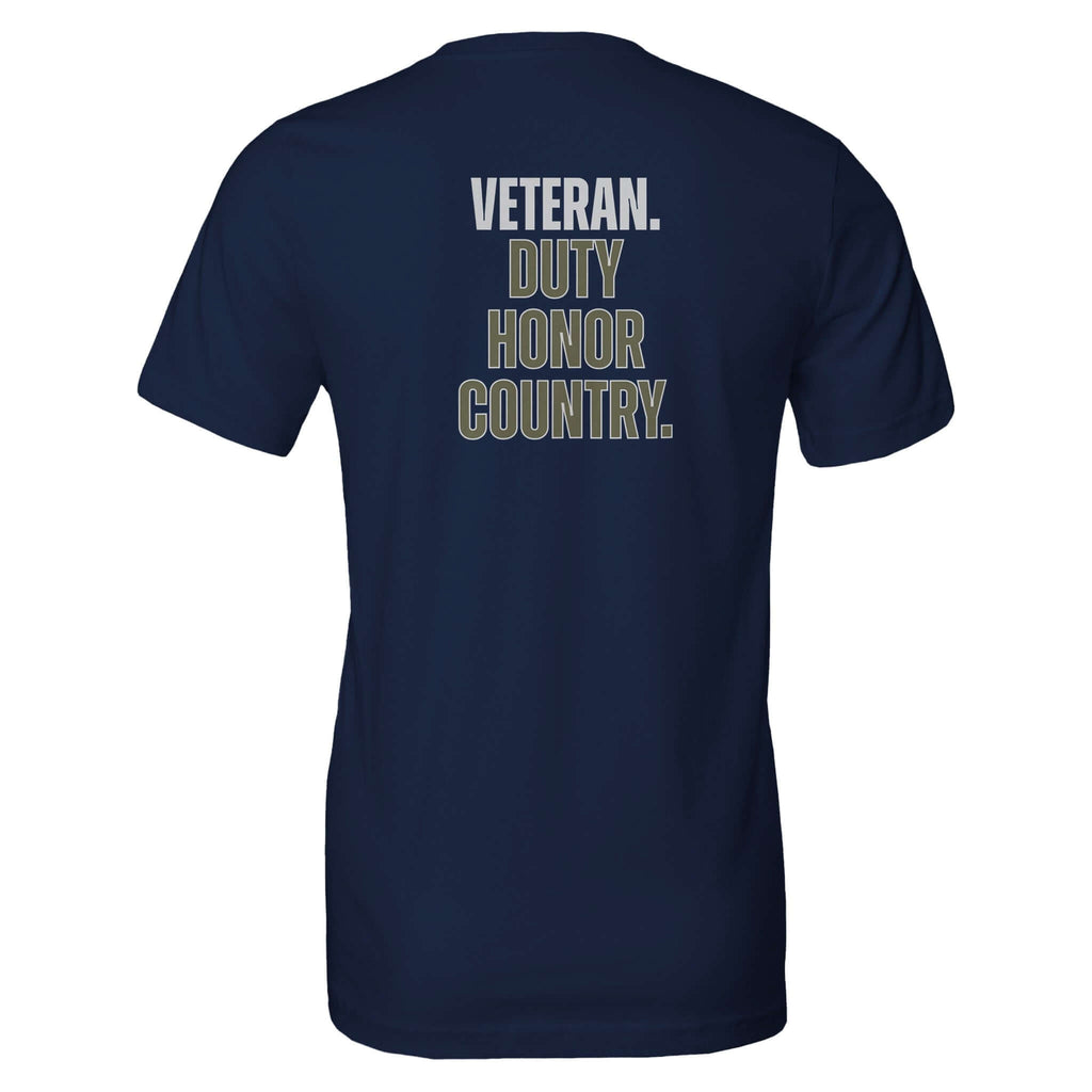 "Veteran: Duty Honor Country" Tee – Back View. Celebrate service and sacrifice with this proud tribute to our heroes, featuring core values.