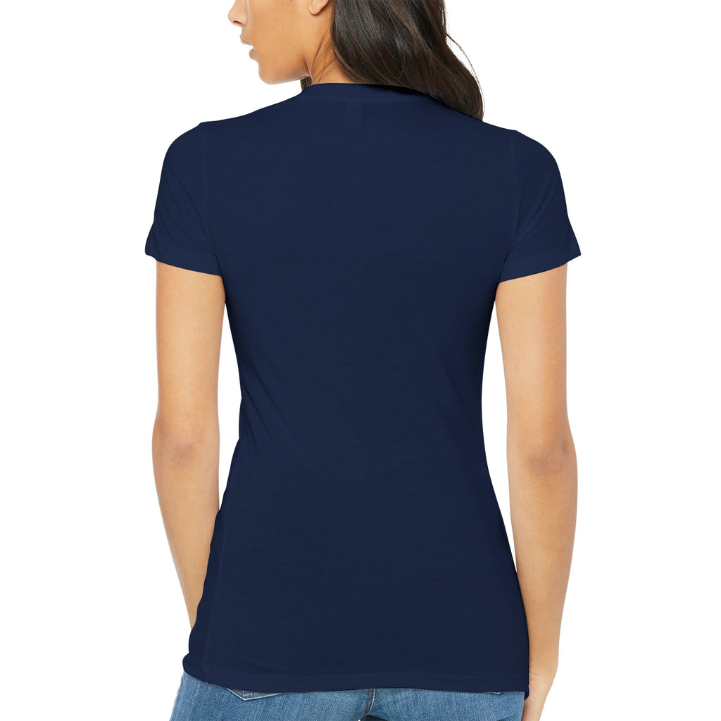 Back view of woman wearing navy blue Strong as a Mother premium women's T-shirt, highlighting fit and design.