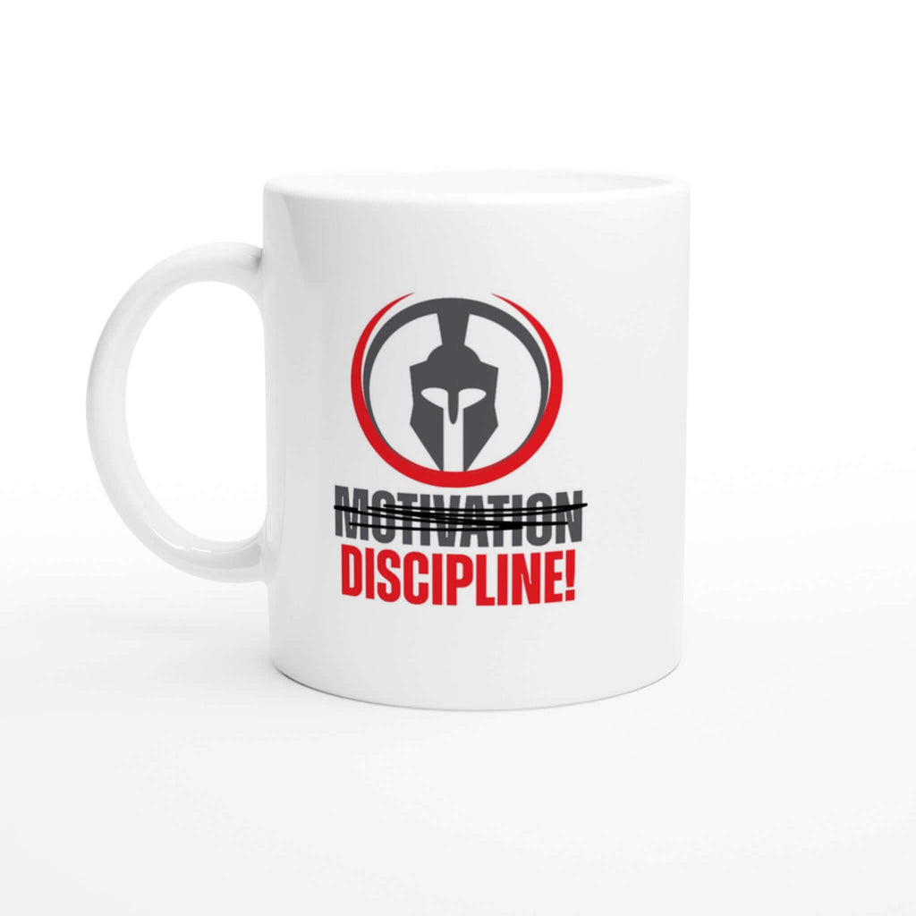 "Motivation. Discipline." Ceramic 11oz Mug with Spartan Helmet Design - Dishwasher and Microwave Safe