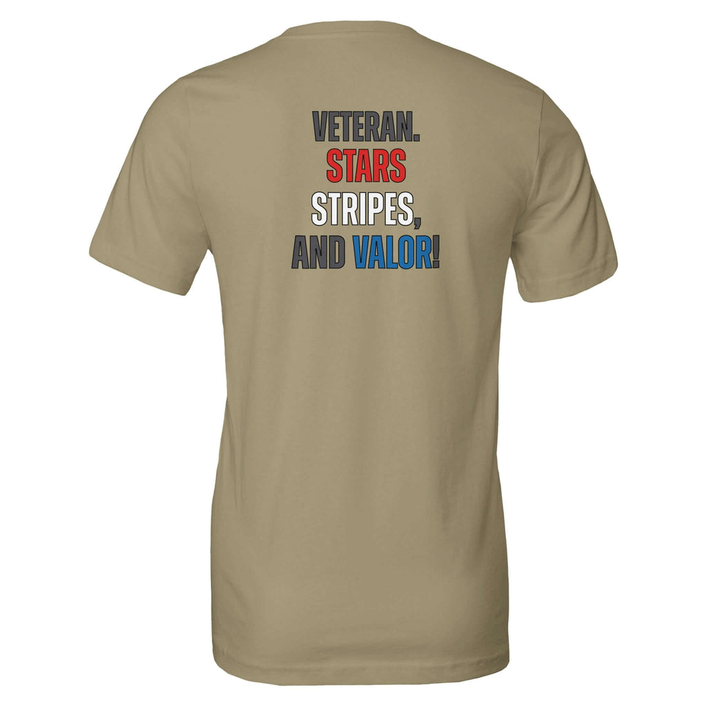 Beige "Veteran: Stars, Stripes, and Valor!" tee featuring patriotic text design on the back.