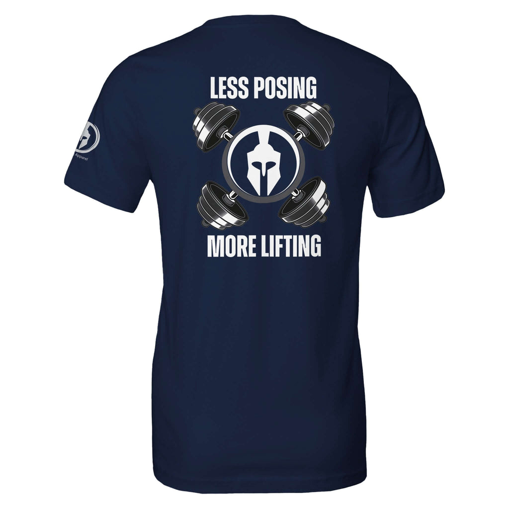 Navy blue "Less Posing More Lifting" t-shirt with dumbbell graphic and logo on the back, designed for workout inspiration.