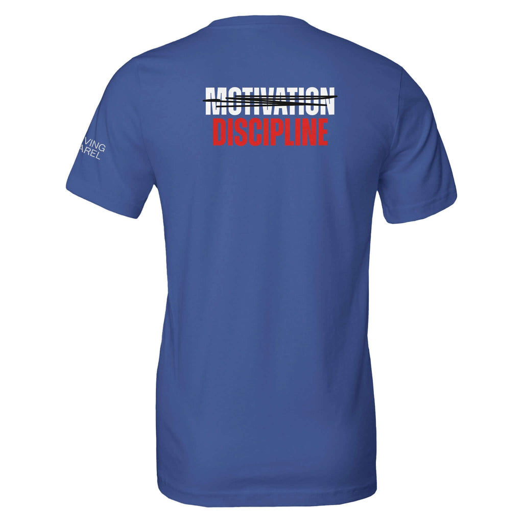 Blue Motivation vs Discipline rear print t-shirt – Back to Basics styled, soft, durable, perfect for DTG printing.