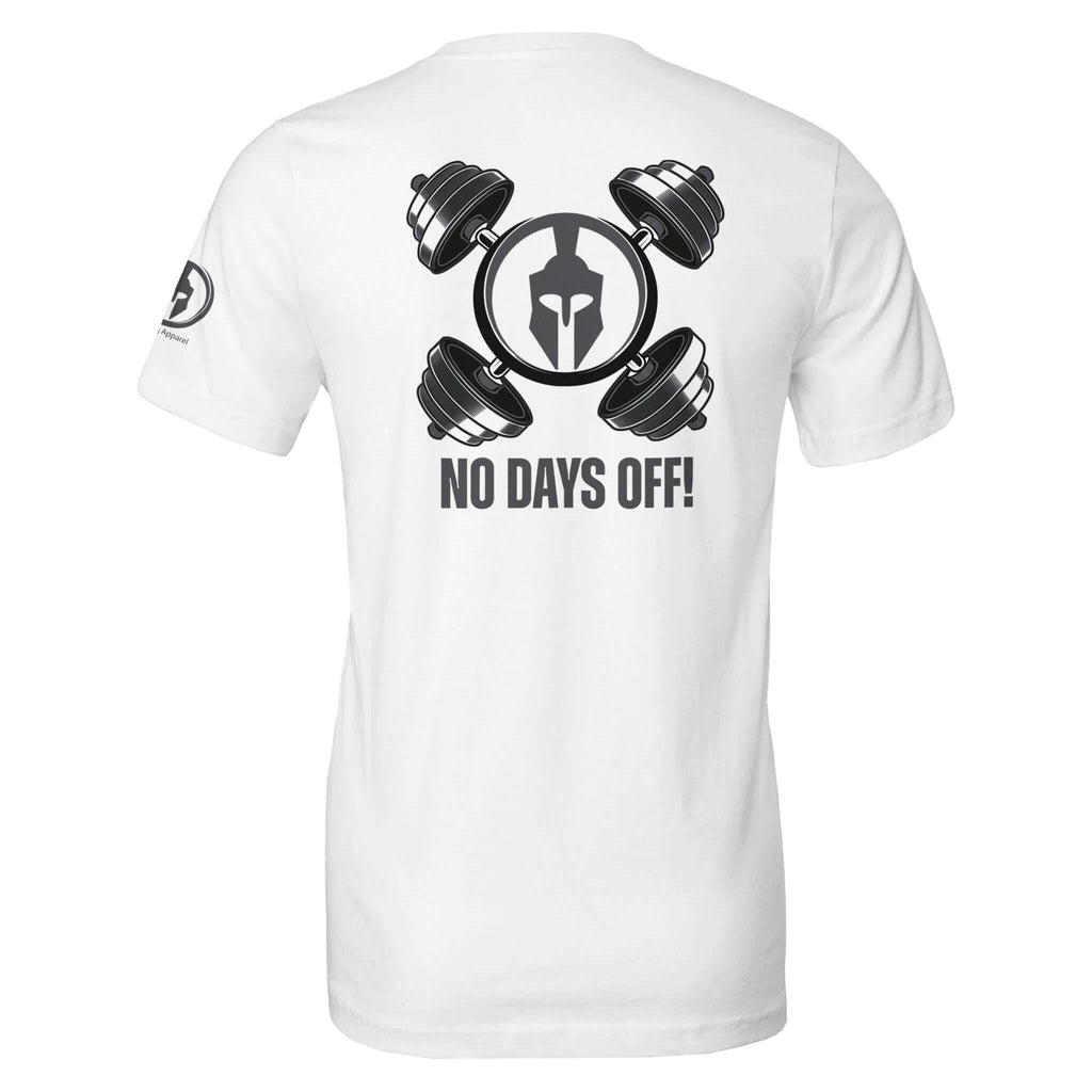 White "No Days Off!" tee with a Spartan helmet and dumbbells graphic on the back, promoting fitness dedication and consistency.