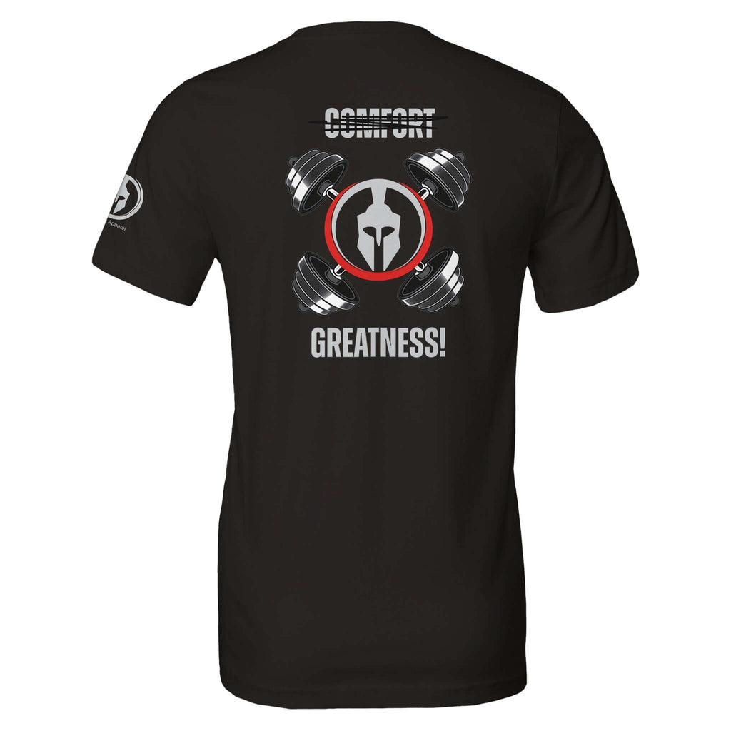 Perform Series Comfort - Greatness Tee back view with graphic print, ideal for gym, showcasing dedication and effort for achieving greatness.