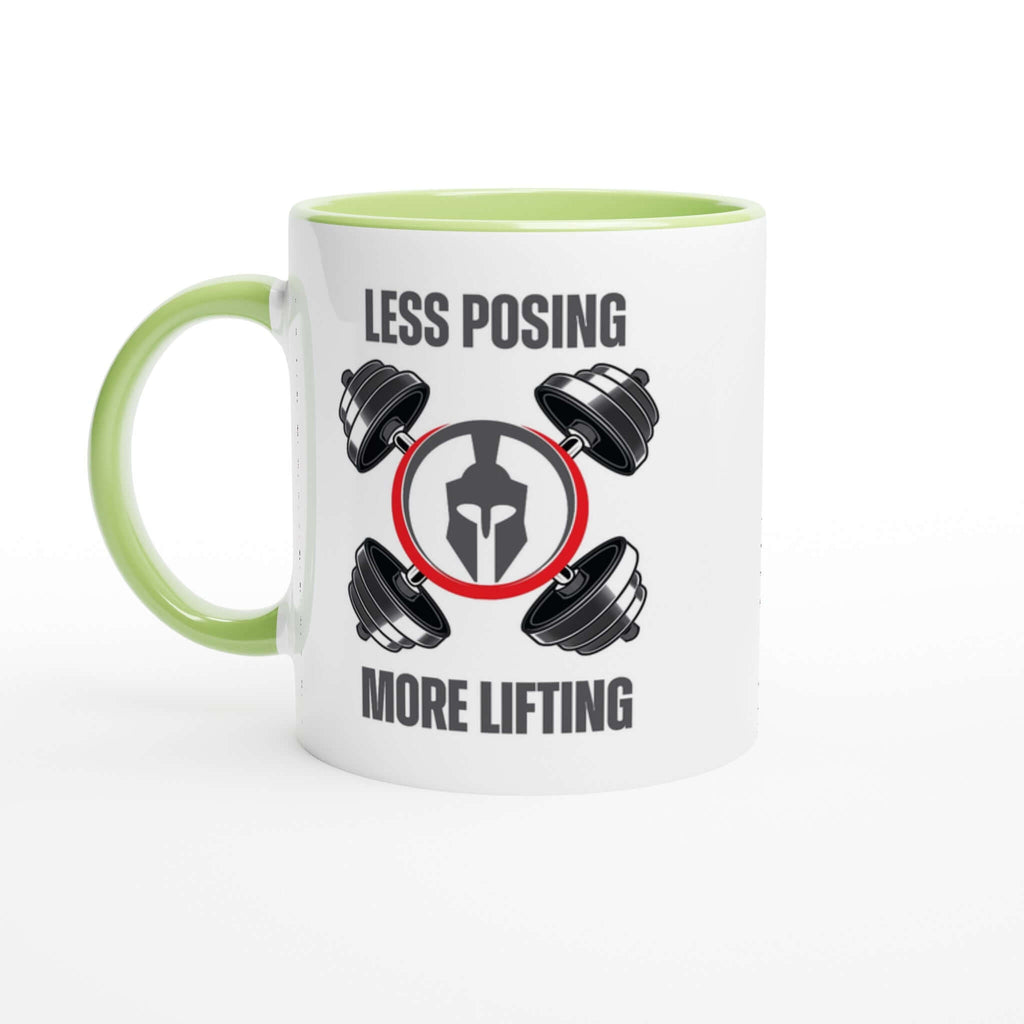 "Less Posing. More Lifting." 11oz mug with colored rim, inside, and handle, featuring weightlifting design and white print area.