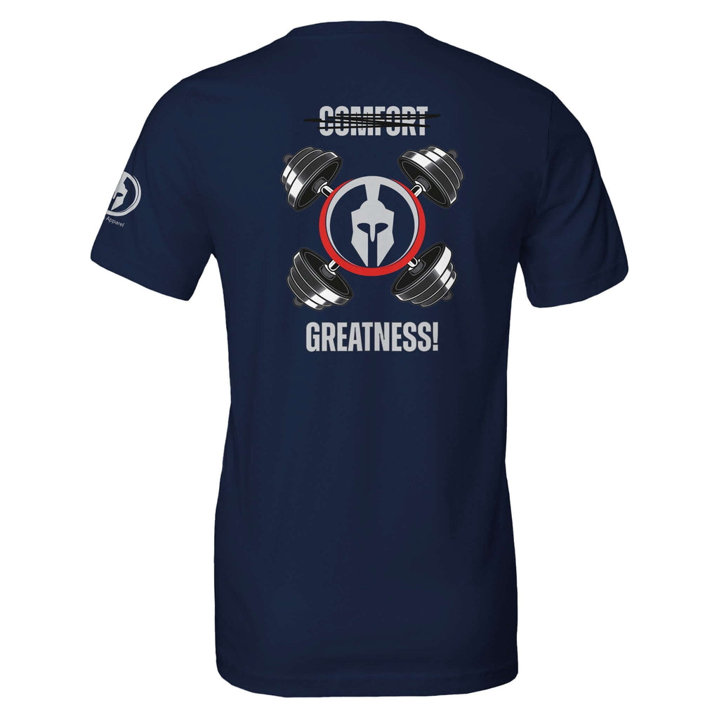 Perform Series Comfort - Greatness! Tee with dumbbell design, perfect for gym workouts and daily challenges, emphasizing dedication and effort.