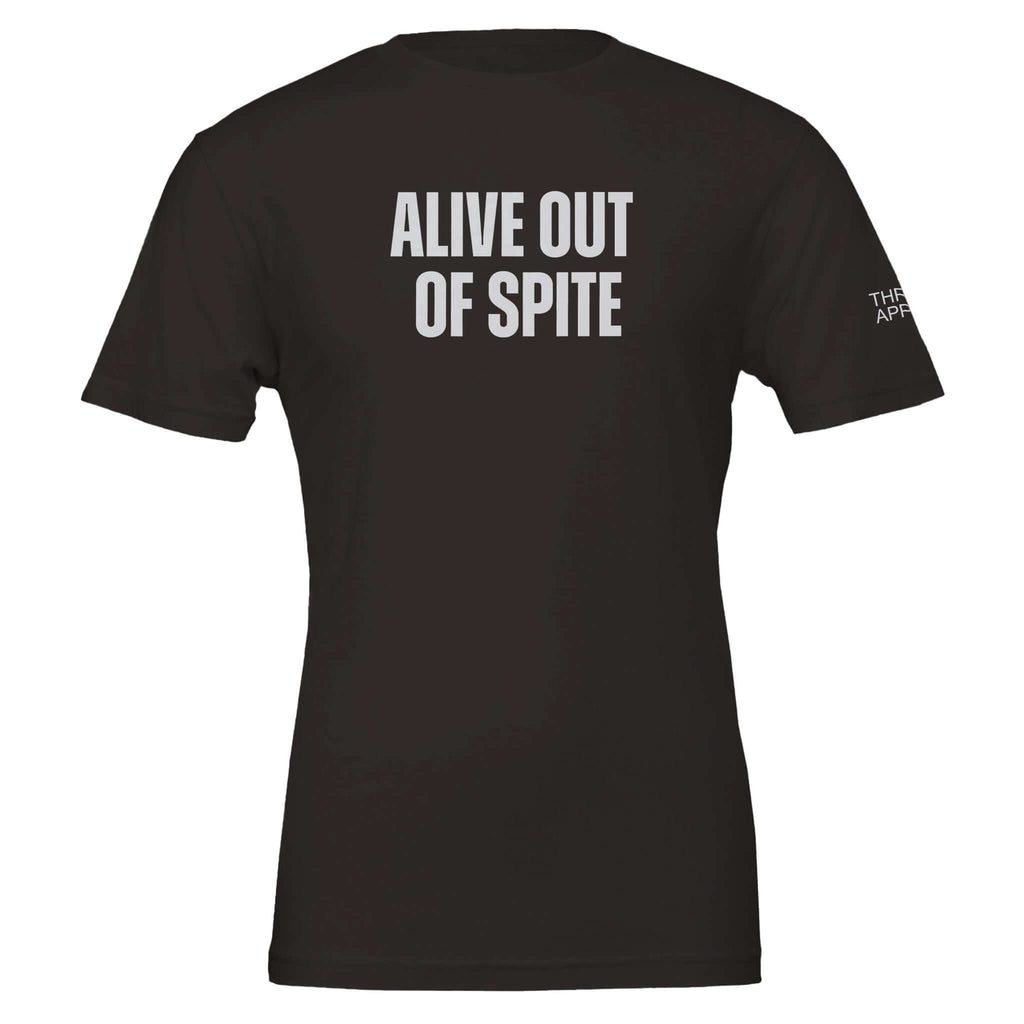 Black "Alive Out of Spite" premium crewneck T-shirt for men, showcasing a bold statement on the back.