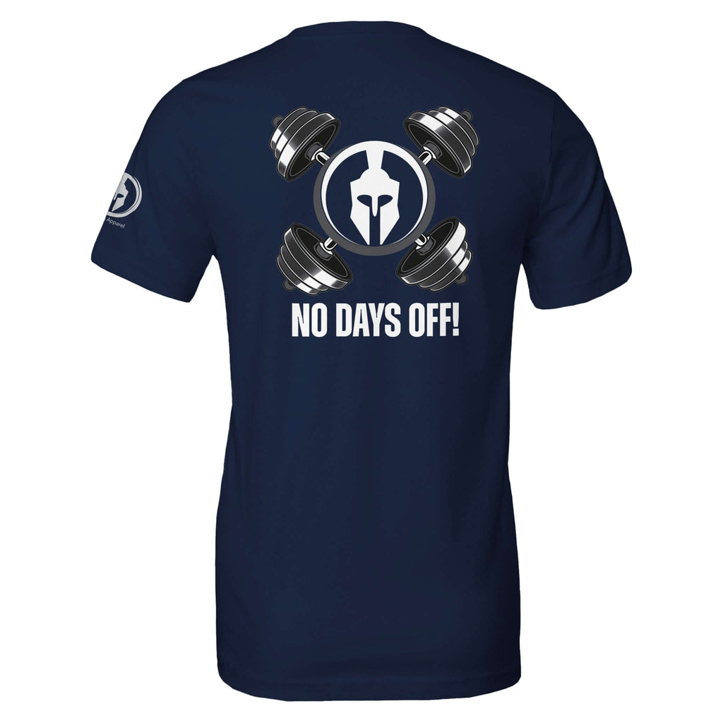 "Perform Series 'No Days Off!' tee with motivational message and dumbbell graphic on the back"