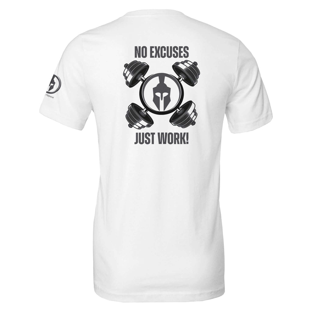 White "No Excuses, Just Work!" tee with Spartan helmet and dumbbells design, perfect for intense workouts.