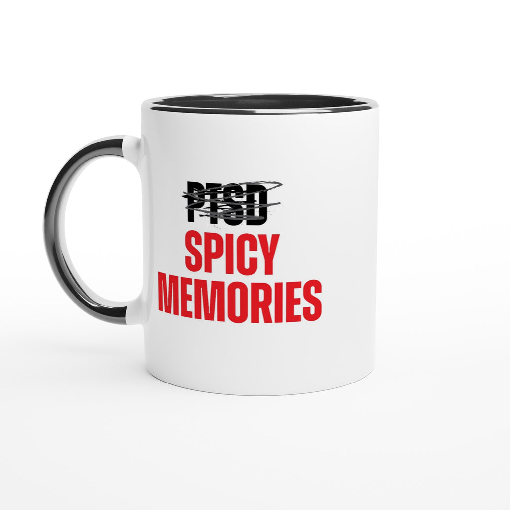 "Spicy Memories Ceramic 11 oz Mug with Black Handle and Red Text"