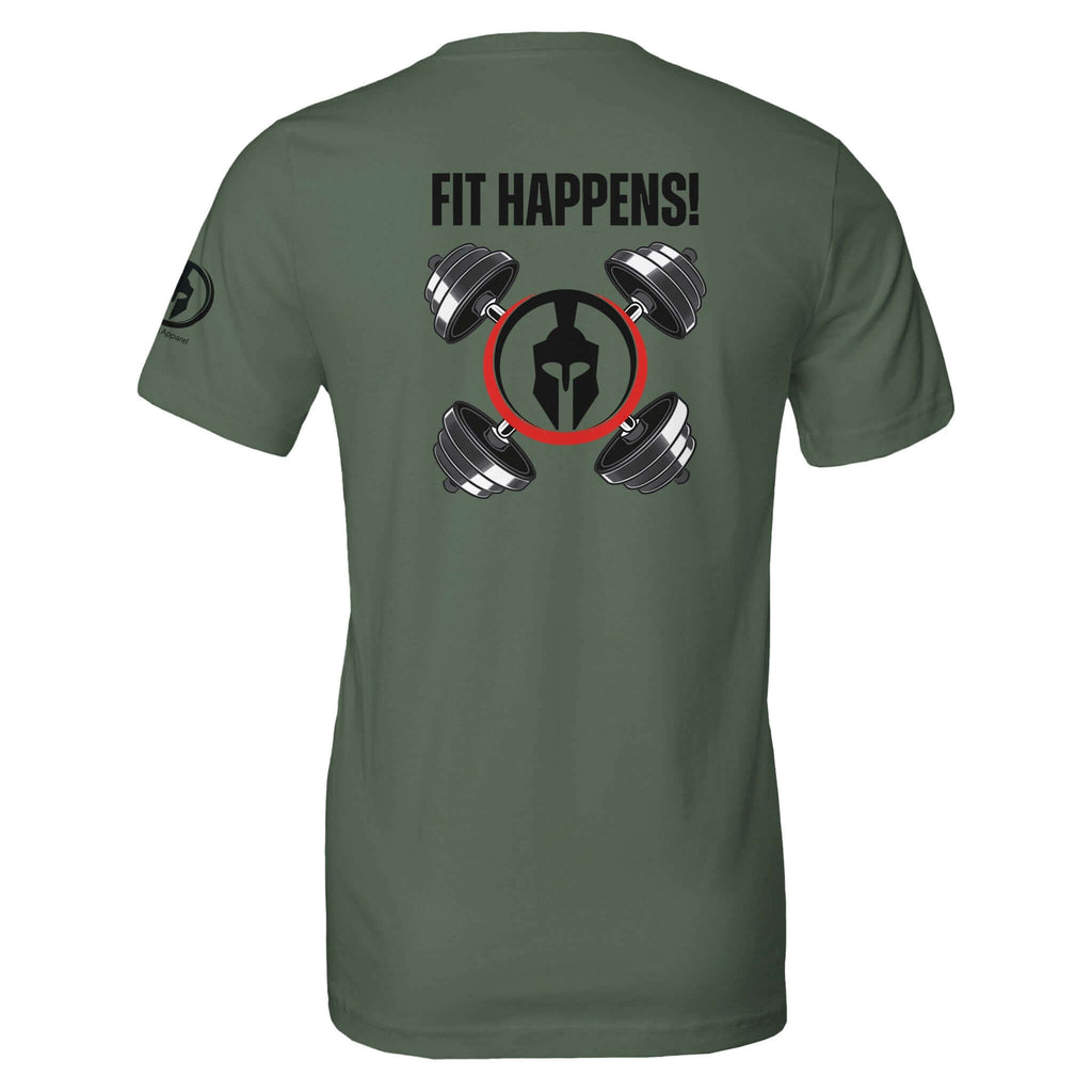 Perform Series Fit Happens Workout Tee in green showing back design with text and dumbbell graphics.