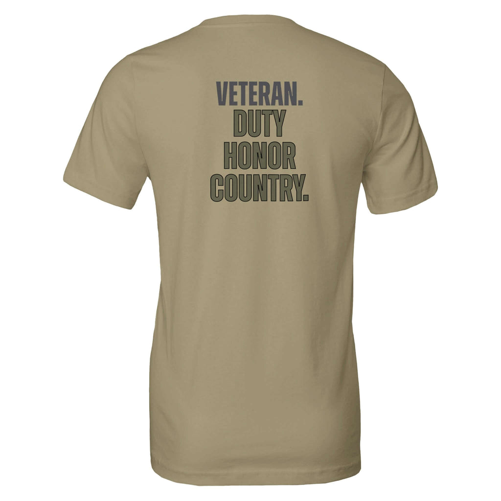 Veteran Collection Duty Honor Country tee celebrating service and sacrifice with core values tribute on the back.