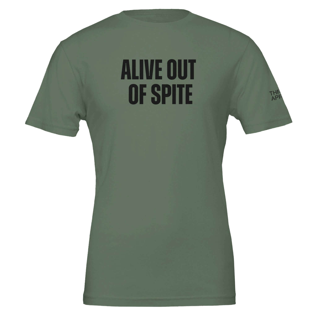 Green crewneck t-shirt with "Alive Out of Spite" text from Men's Collection, embodying defiance and resilience.