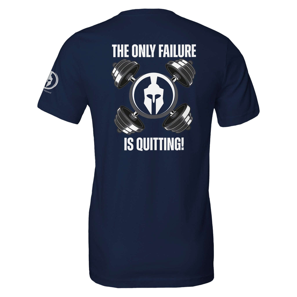 Navy blue "The Only Failure is Quitting" t-shirt with Spartan helmet and dumbbell graphics, perfect for gym and Spartan enthusiasts.