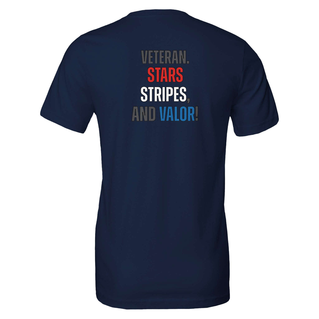 Navy blue tee with "Veteran: Stars, Stripes, and Valor" text, honoring heroes with patriotic symbols and bravery.