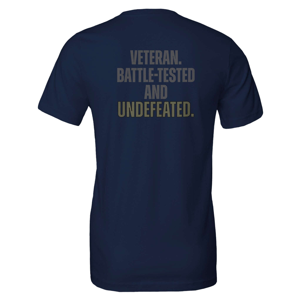 "Veteran Series Battle-Tested and Undefeated tee, navy blue, back view, made from 100% Airlume combed and ring-spun cotton, unisex fit"