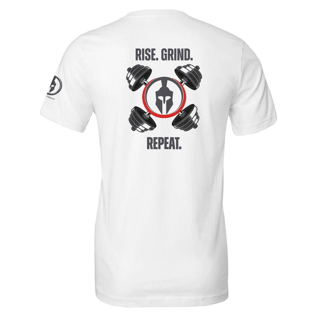 White "Rise. Grind. Repeat." tee with dumbbell and Spartan helmet graphic on the back.